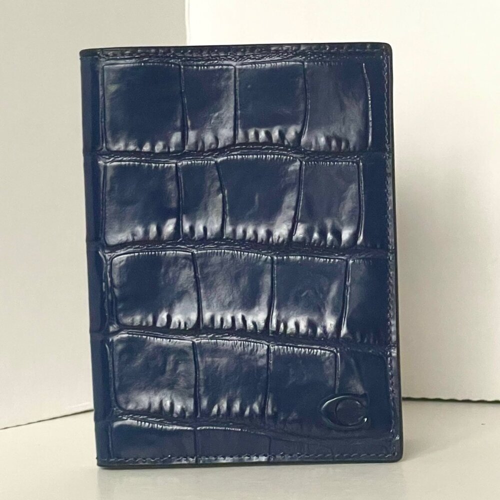 Coach Slim Passport Card Case Navy Blue Croc Leather CW445 - Picture 7 of 7